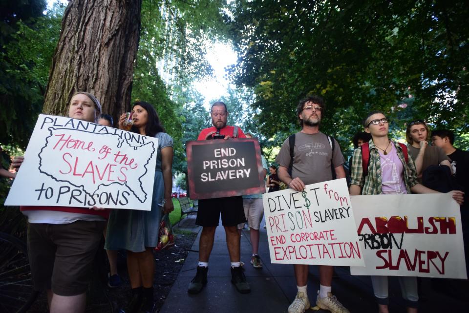 Protesters marched through the streets of Portland, Ore., on September 9, 2016, during a nationwide day of action against prison slavery on the 45th anniversary of the Attica Uprising, which saw the death of twenty-nine prisoners and ten hostages after inmates rioted for better conditions. (Photo: Alex Milan Tracy)