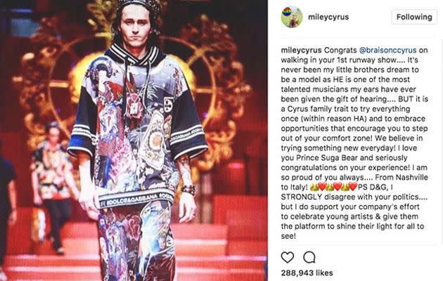 A feud has begun between Miley Cyrus and Stefano Gabbana after the singer posted about her brother Braison's collaboration with the brand. Source: Instagram