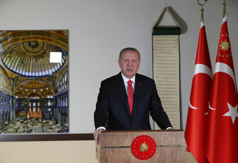 Turkish President Erdogan delivers a televised address to the nation in Ankara