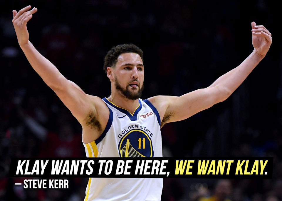 Warriors head coach <a href="https://sports.yahoo.com/klay-wants-to-be-here-we-want-klay-steve-kerr-warriors-arent-worried-about-free-agency-210348122.html" data-ylk="slk:Steve Kerr tells ESPN;elm:context_link;itc:0;sec:content-canvas;outcm:mb_qualified_link;_E:mb_qualified_link;ct:story;" class="link  yahoo-link">Steve Kerr tells ESPN</a> the team's sentiment for Klay Thompson.