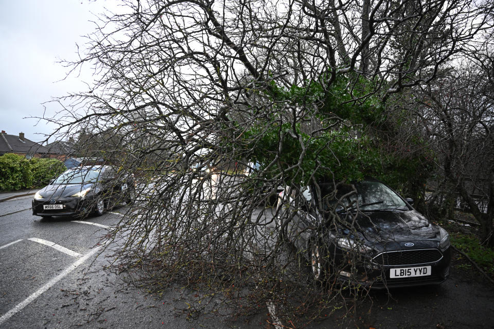 Branches from a tree, brought down by strong winds, covers a parked car in a street in Huddersfield. (Getty)