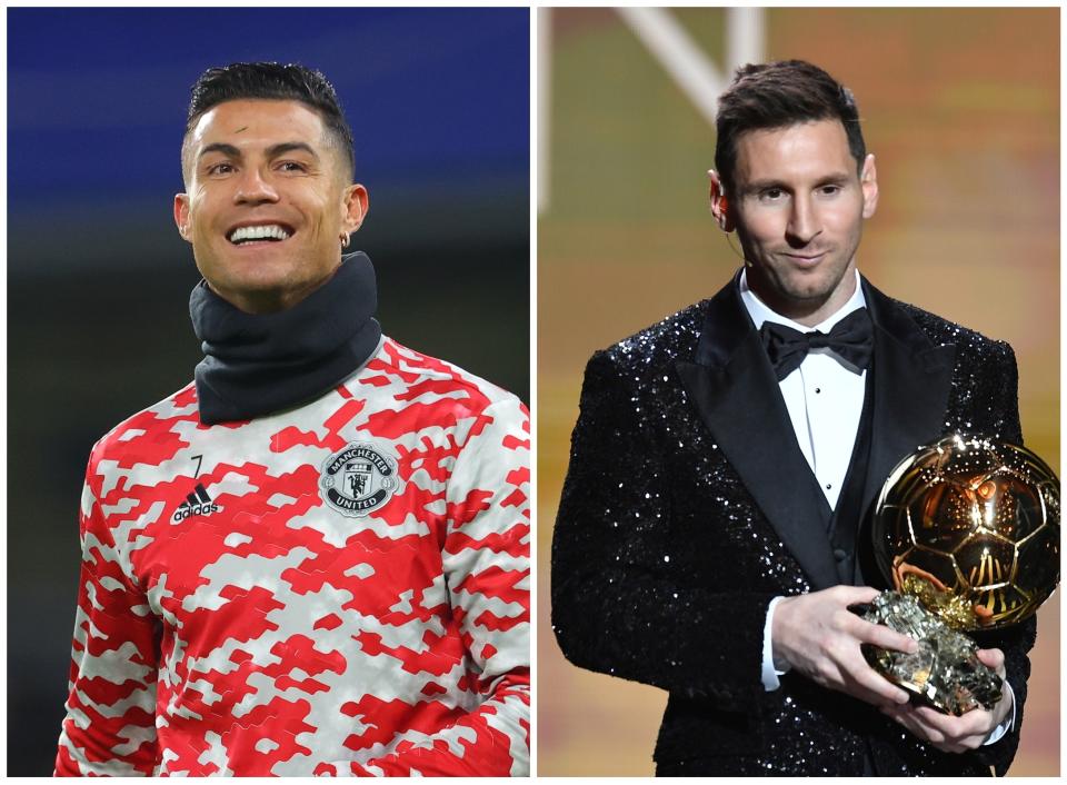 Cristiano Ronaldo durante el calentamiento de un partido del Manchester United y Leo Messi con su séptimo Balón de Oro. (Foto: James Gill / Danehouse / Getty Images / Aurelien Meunier / Getty Images).