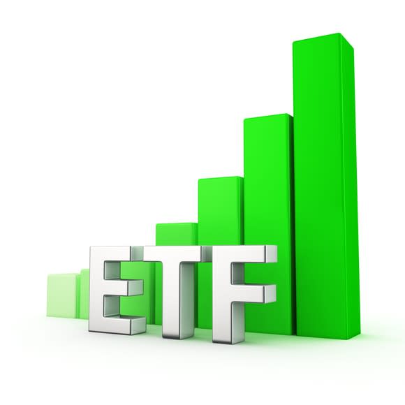 Letters ETF in front of a green graph with upward-climbing bars.