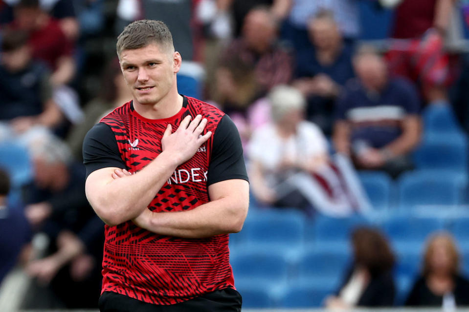 Saracens' English scrum half Owen Farrell looks on during the warm up before the European Rugby Champions Cup round of 16 rugby union match between Bordeaux-Begles (FRA) and Saracens (ENG) at stade Chaban-Delmas in Bordeaux on April 6, 2024. (Photo by ROMAIN PERROCHEAU / AFP) (Photo by ROMAIN PERROCHEAU/AFP via Getty Images)