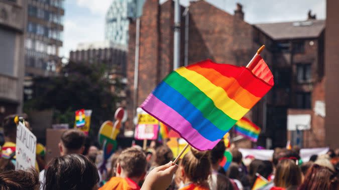 Pride parade flags with beautiful rainbow colors.