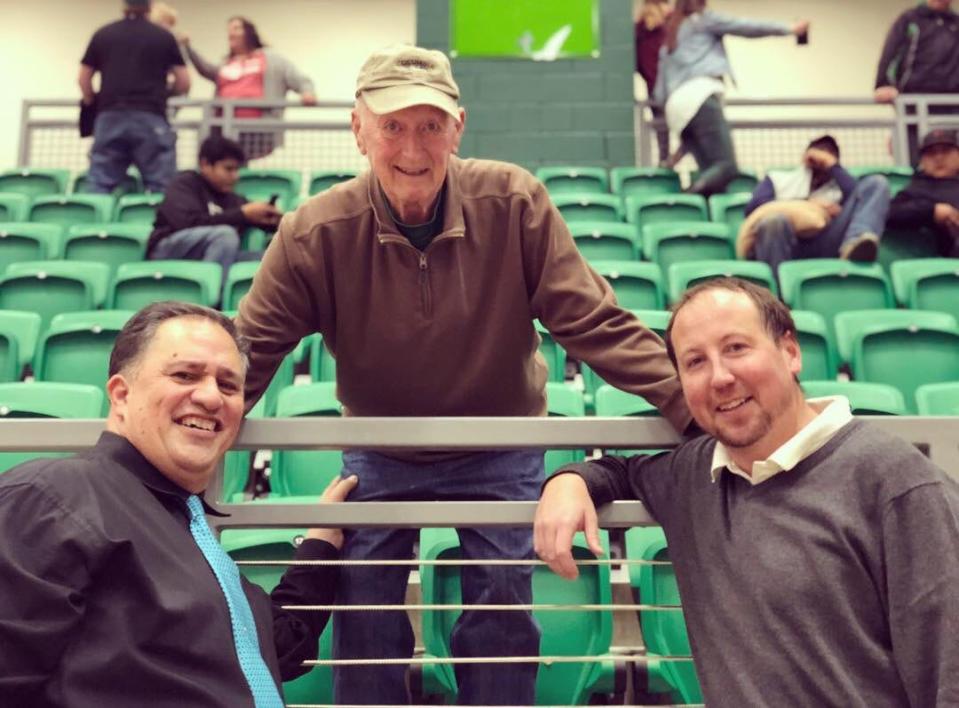 Former Farmington High School boys basketball coach Marv Sanders poses with former Navajo Prep boys basketball coach Rick Hoerner, left, and former Farmington High boys basketball player and coach Jay Collins, right, during the Marv Sanders Invitational in December of 2018.