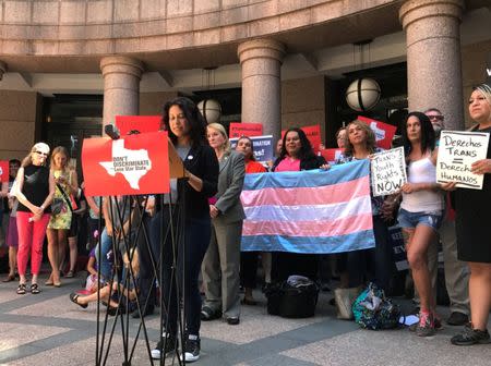 Angie Castro, mother of a transgender child, speaks at a rally against a "bathroom bill" at the Texas Capitol in Austin, Texas, U.S., July 21, 2017. REUTERS/Jon Herskovitz