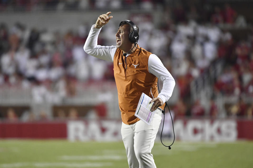 Texas coach Steve Sarkisian reacts after a call during the second half of the team's NCAA college football game against Arkansas on Saturday, Sept. 11, 2021, in Fayetteville, Ark. (AP Photo/Michael Woods)