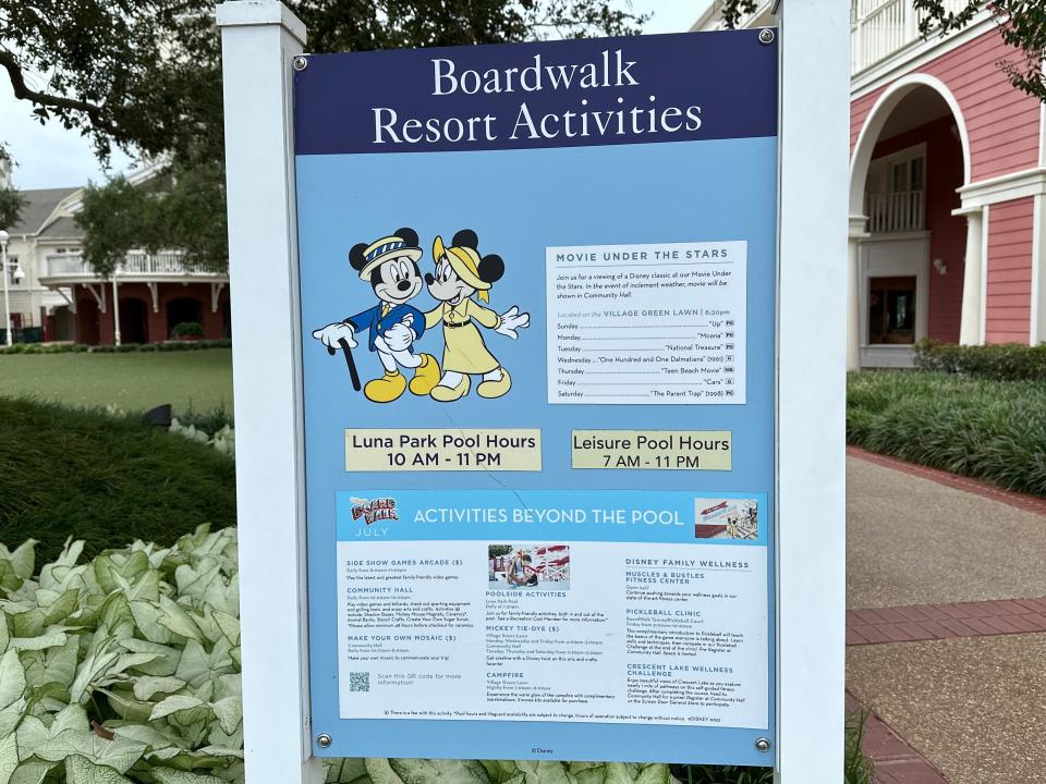 Boardwalk Activities board at Disney's Boardwalk Resort.