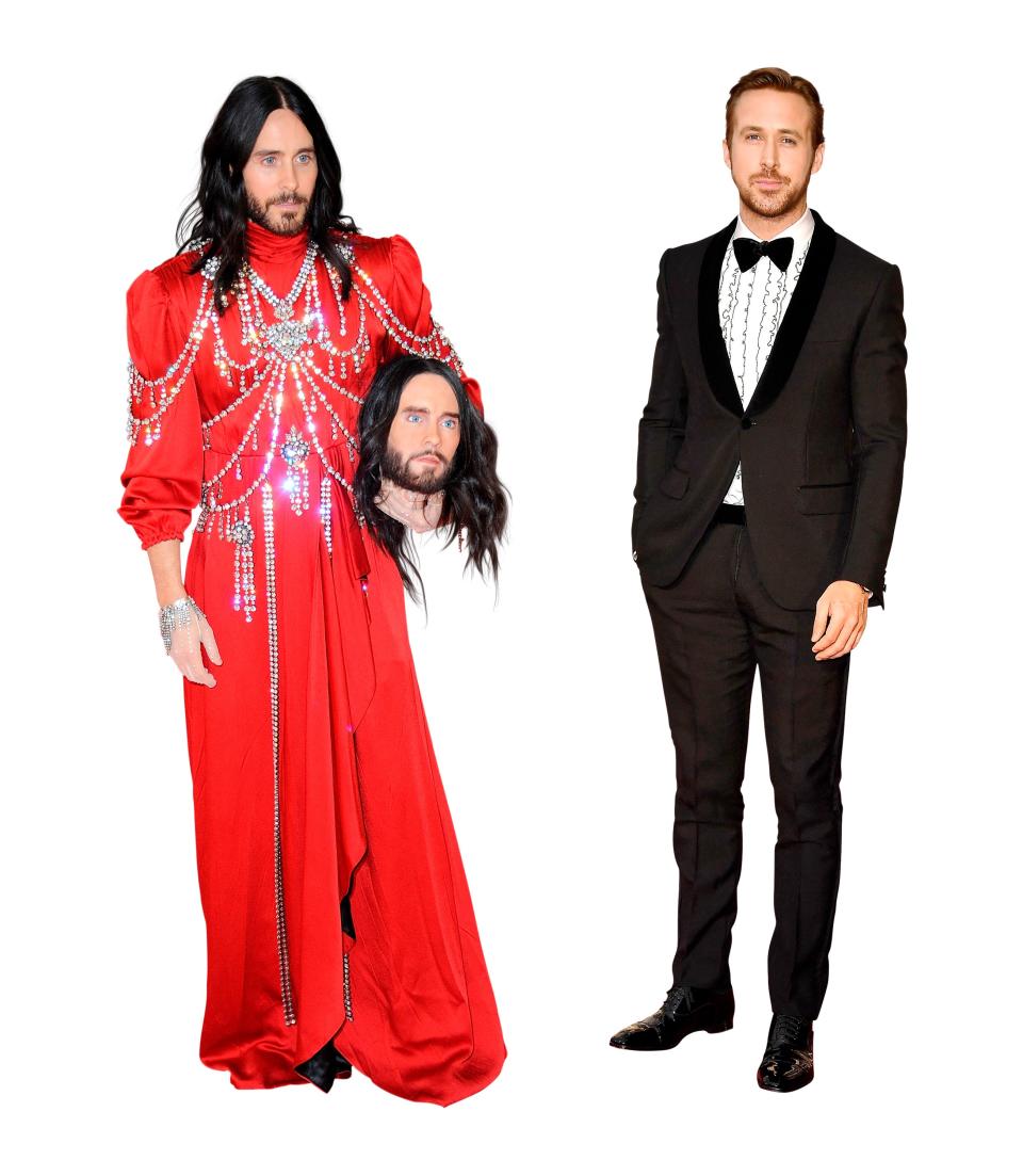 Left: Michele encouraged Jared Leto to wear the bejeweled gown and head: “You will be like a Shakespearean character,” he said. Right: Ryan Gosling in Gucci prom ruffles at the 2017 Oscars.