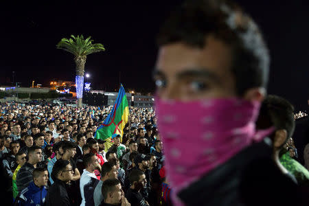 Protests take part in a rally after the death of Mouhcine Fikri, a fishmonger who was crushed to death inside a rubbish truck as he tried to retrieve fish confiscated by police, in the northern city of Al Hoceima, Picture taken October 31, 2016. REUTERS/Stringer