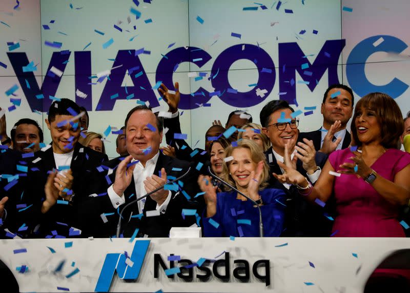 FILE PHOTO: Shari Redstone, chairwoman of ViacomCBS and president of National Amusements, and Bob Bakish, President and CEO of ViacomCBS, celebrate their company's merger at the Nasdaq MarketSite in New York