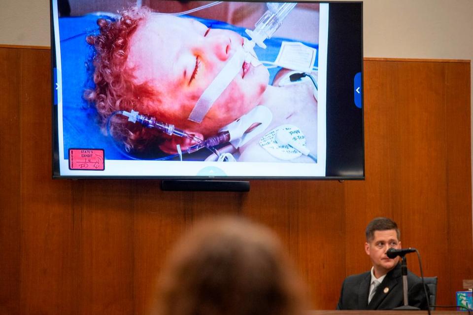 A photo of 2-year-old Hayden Bataille after his death is shown during investigator Aaron Allen’s testimony during Joseph David Heard’s trial for capital murder in the death of Hayden Bataille in Harrison County Circuit Court in Biloxi on Wednesday, May 8, 2024.