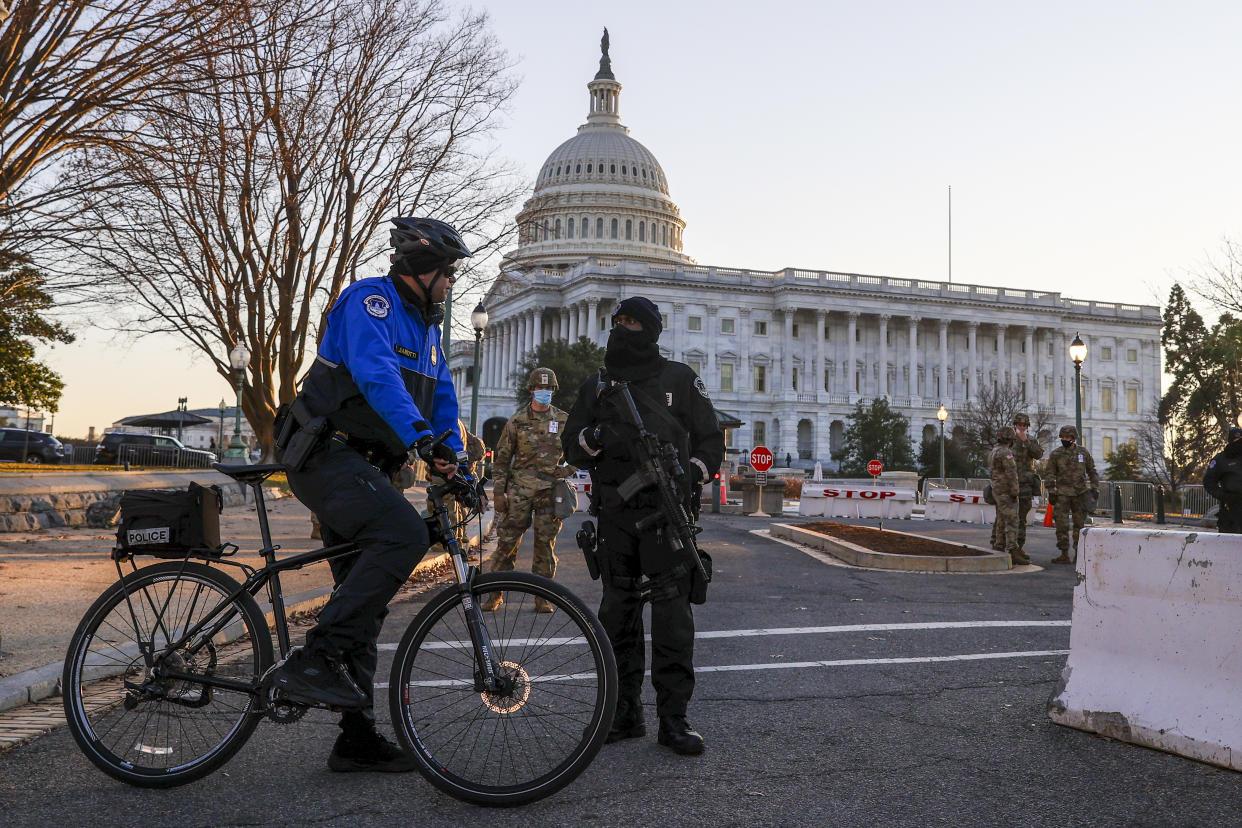U.S. Capitol Police stand guard at the U.S. Capitol on January 12, 2021 in Washington, DC. The Pentagon is deploying as many as 15,000 National Guard troops to protect President-elect Joe Biden's inauguration on January 20, amid fears of new violence. (Tasos Katopodis/Getty Images)