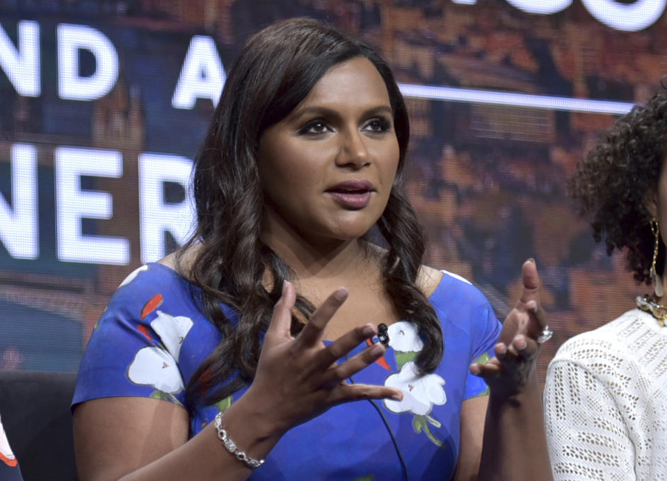 Co-creator/executive producer Mindy Kaling speaks in Hulu's "Four Weddings and a Funeral" panel at the Television Critics Association Summer Press Tour on Friday, July 26, 2019, in Beverly Hills, Calif. (Photo by Richard Shotwell/Invision/AP)