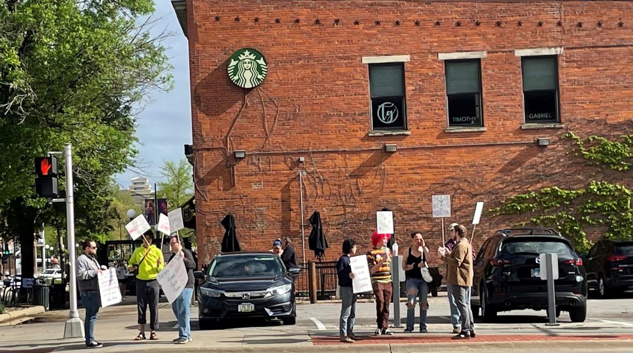 Employees with the downtown Iowa City Starbucks held a "sip-in" protest Monday in advance of a union election set for Thursday.