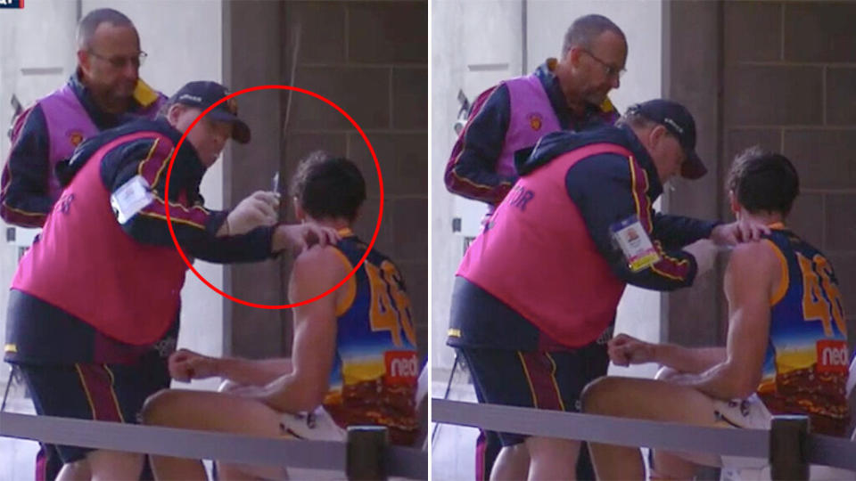 Oscar McInerney was filmed receiving the painkiller outside the club rooms. Pic: Fox Sports