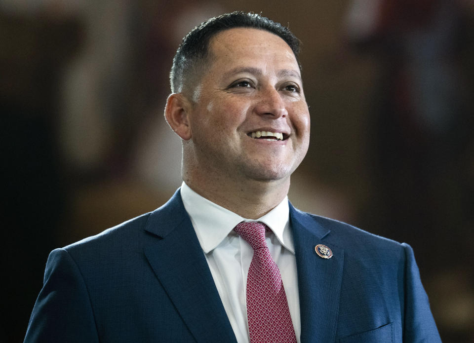 FILE - Rep. Tony Gonzales, R-Texas, is seen before the flag-draped casket bearing the remains of Hershel W. "Woody" Williams lies in honor in the U.S. Capitol, July 14, 2022, in Washington. Texas has some competitive U.S. House races on the ballot in Tuesday's primaries. Along the Texas-Mexico border, U.S. Rep. Tony Gonzales will face his first election since being sanctioned by his party. (Tom Williams/Pool photo via AP, File)