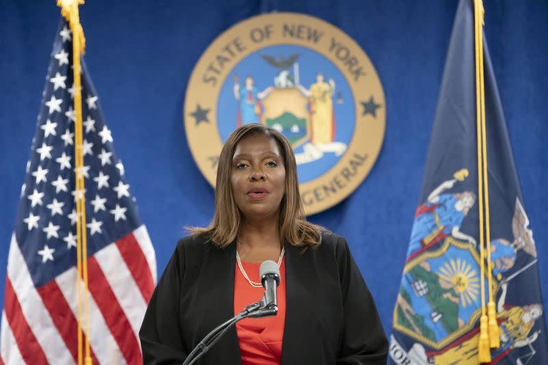 FILE PHOTO: New York State Attorney General, Letitia James, speaks during a news conference in New York City