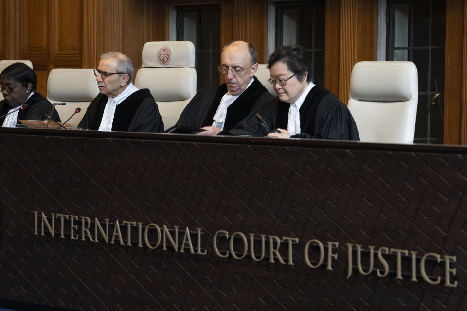 Judge Nawaf Salam, second left, presides at the International Court of Justice, or World Court, in The Hague, Netherlands, Wednesday, May 1, 2024. Mexico is taking Ecuador to the United Nations' top court on Tuesday accusing the nation of violating international law by storming into the Mexican embassy in Quito on April 5, and arresting former Ecuador Vice President Jorge Glas, who had been holed up there seeking asylum in Mexico. (AP Photo/Peter Dejong)