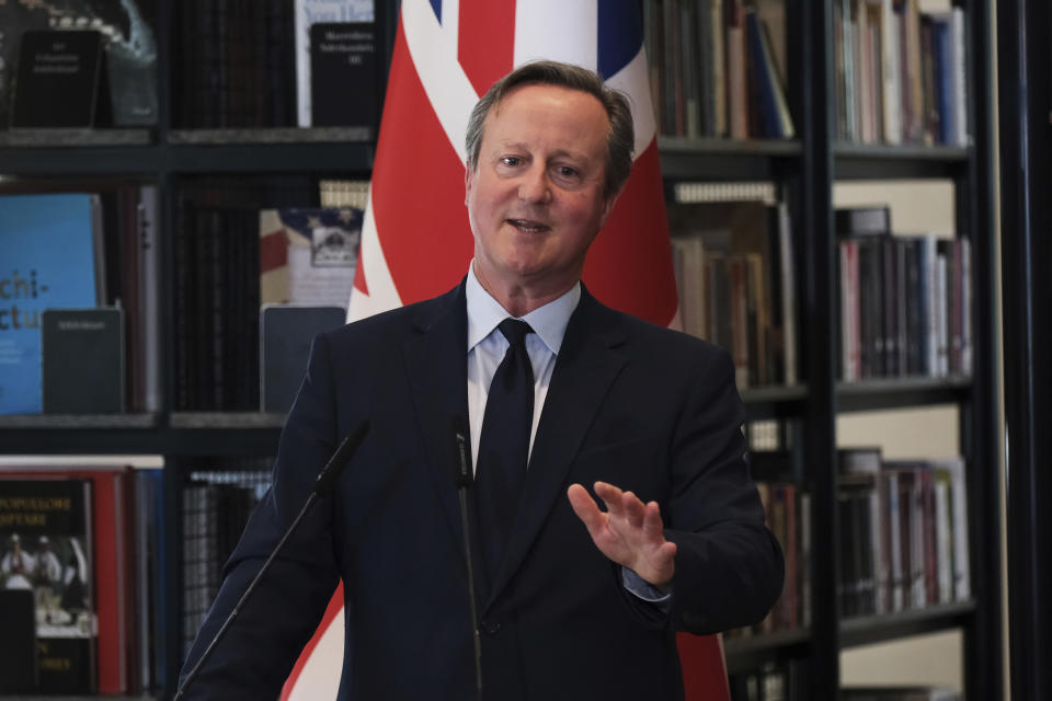 British Foreign Secretary David Cameron speaks during a news conference with Albania's Prime Minister Edi Rama in Tirana, Albania, Wednesday, May 22, 2024. Cameron hailed progress in a U.K.-Albania joint effort to cut illegal migration. (AP Photo/Vlasov Sulaj)