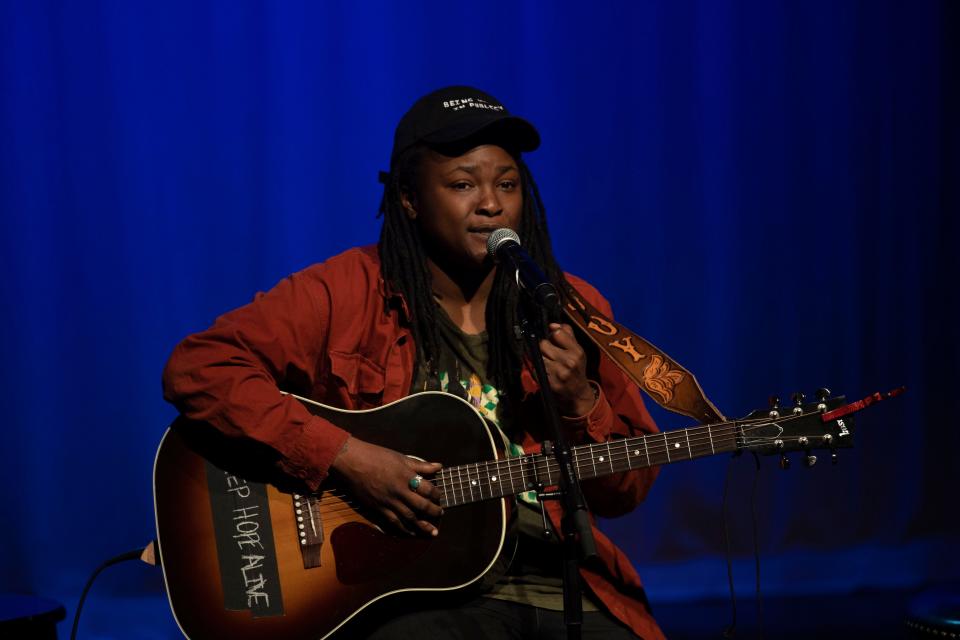 Joy Oladokun performs at the Country Music Hall of Fame in Nashville, Tenn., Tuesday, May 24, 2022.