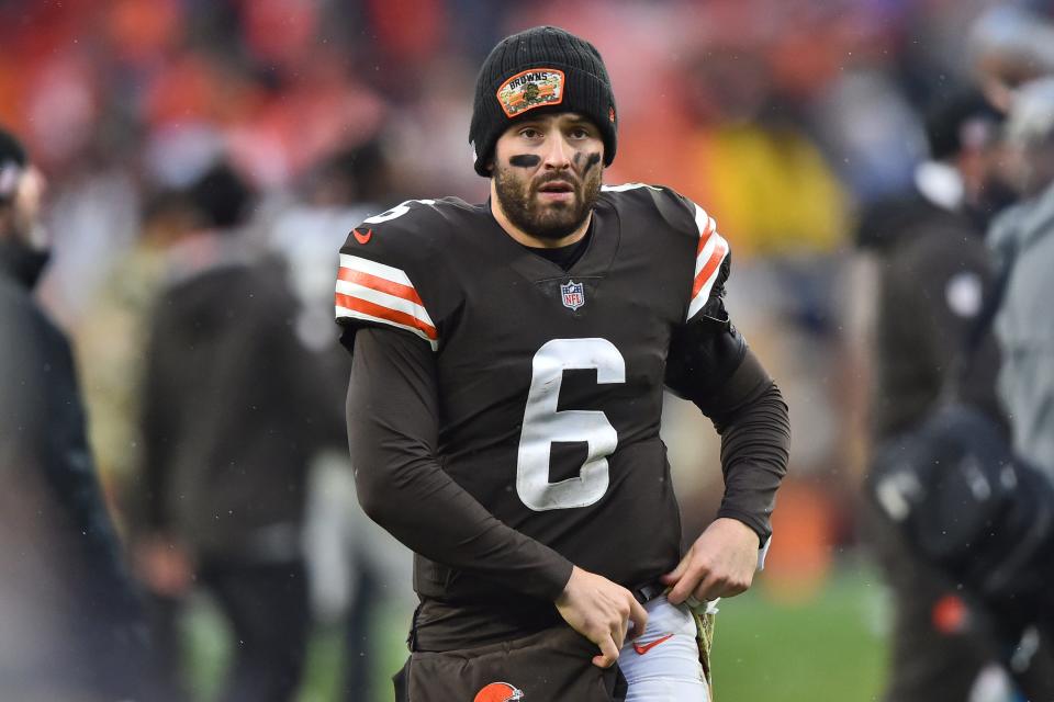 Cleveland Browns quarterback Baker Mayfield walks to the locker room after the Browns defeated the Detroit Lions 13-10 in an NFL football game, Sunday, Nov. 21, 2021, in Cleveland.