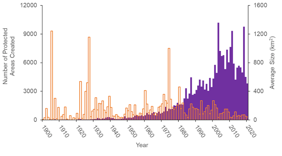 From the 1970s through 2020, the annual rate of protected area creation on land (solid purple bars) increased, but these areas’ average size (hollow bars) decreased. <a href="https://www.protectedplanet.net/en" rel="nofollow noopener" target="_blank" data-ylk="slk:David Jachowski/Data from Protected Planet;elm:context_link;itc:0;sec:content-canvas" class="link ">David Jachowski/Data from Protected Planet</a>, <a href="http://creativecommons.org/licenses/by-nd/4.0/" rel="nofollow noopener" target="_blank" data-ylk="slk:CC BY-ND;elm:context_link;itc:0;sec:content-canvas" class="link ">CC BY-ND</a>