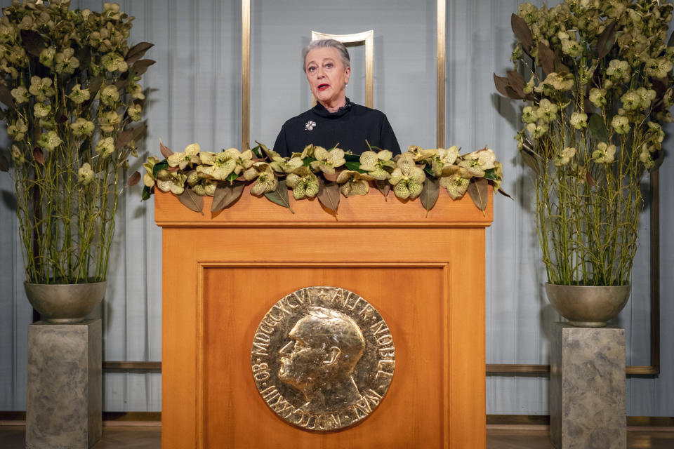 Nobel Committee chair Berit Reiss-Andersen makes a statement at the Nobel Institute as part of the digital award ceremony for this year's Peace Prize winner, the World Food Program (WFP), in Oslo, Norway, Thursday Dec. 10, 2020. Reiss-Andersen makes a statement in Oslo as part of the digital award ceremony for this year's Nobel Peace Prize winner, United Nations World Food Programme (WFP) and an acceptance speech will be made by WFP Executive Director David Beasley in Rome, Italy. (Heiko Junge / NTB via AP)