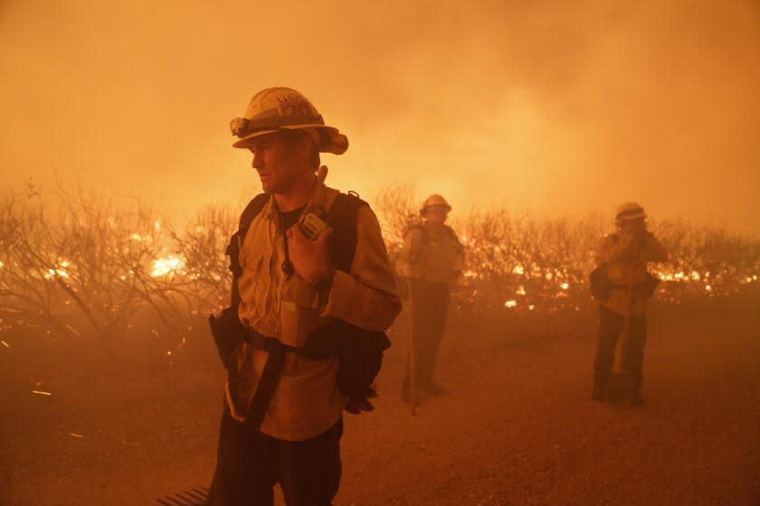 Firefighters work against the advancing Post Fire on Sunday, June 16, 2024, in Gorman, Calif. (AP Photo/Eric Thayer)