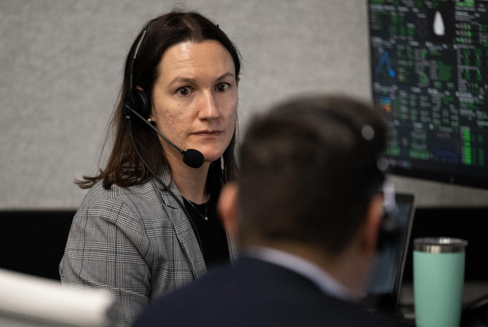 Nicole Jordan, manager of the spacecraft office for NASA's commercial crew program, monitors the countdown during a Crew-6 launch dress rehearsal Feb. 24, 2023 for a SpaceX Falcon 9 rocket and Crew Dragon spacecraft.
