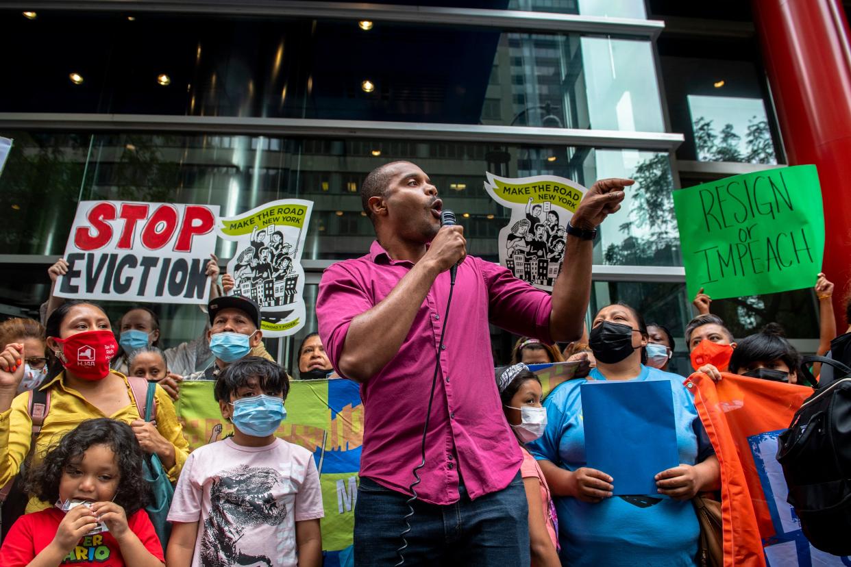 Housing advocate Jabari Brisport protests outside Governor Andrew Cuomo's office on the eviction moratorium on Wednesday, Aug. 4, 2021, in New York.