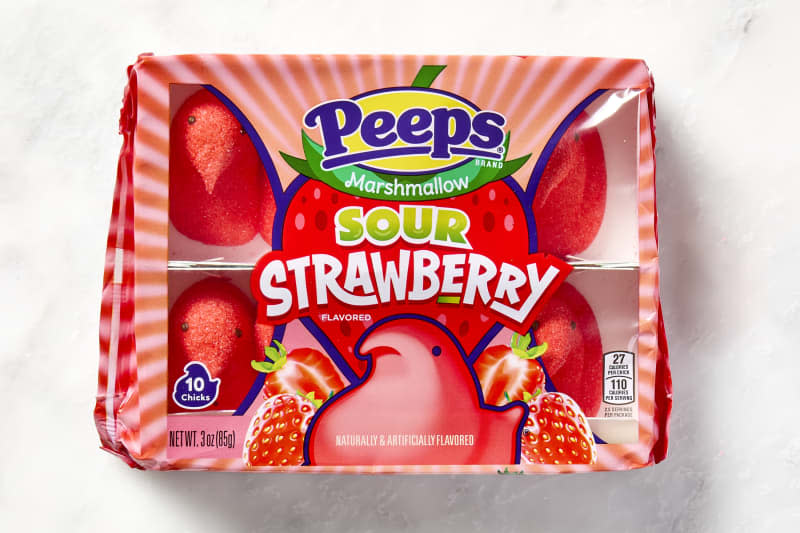 shot of sour strawberry peeps in the package.