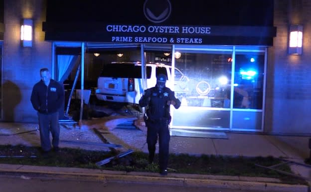 Photo captured near East Cullerton Street and South Indiana Avenue, in the South Loop, show the damage left behind after a crash crashed into the Chicago Oyster House.