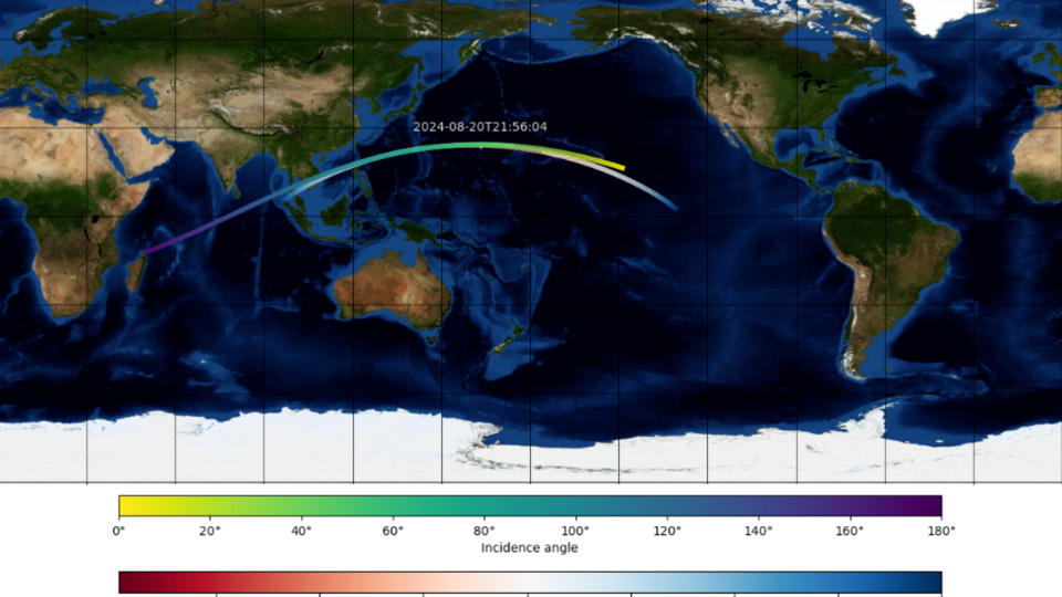 map of the Earth showing the planned trajectory of a spacecraft during an oncoming approach