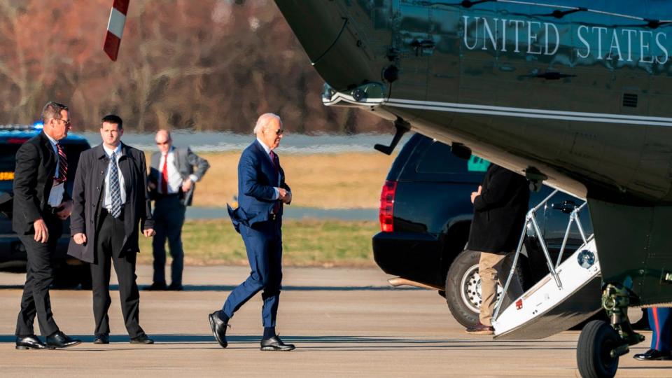 PHOTO: President Joe Biden boards Marine One at Delaware Air National Guard Base in New Castle, Del., March 11, 2024. (Stephanie Scarbrough/AP)