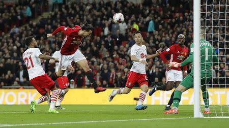 Britain Soccer Football - Southampton v Manchester United - EFL Cup Final - Wembley Stadium - 26/2/17 Manchester United's Zlatan Ibrahimovic scores their third goal Reuters / Darren Staples