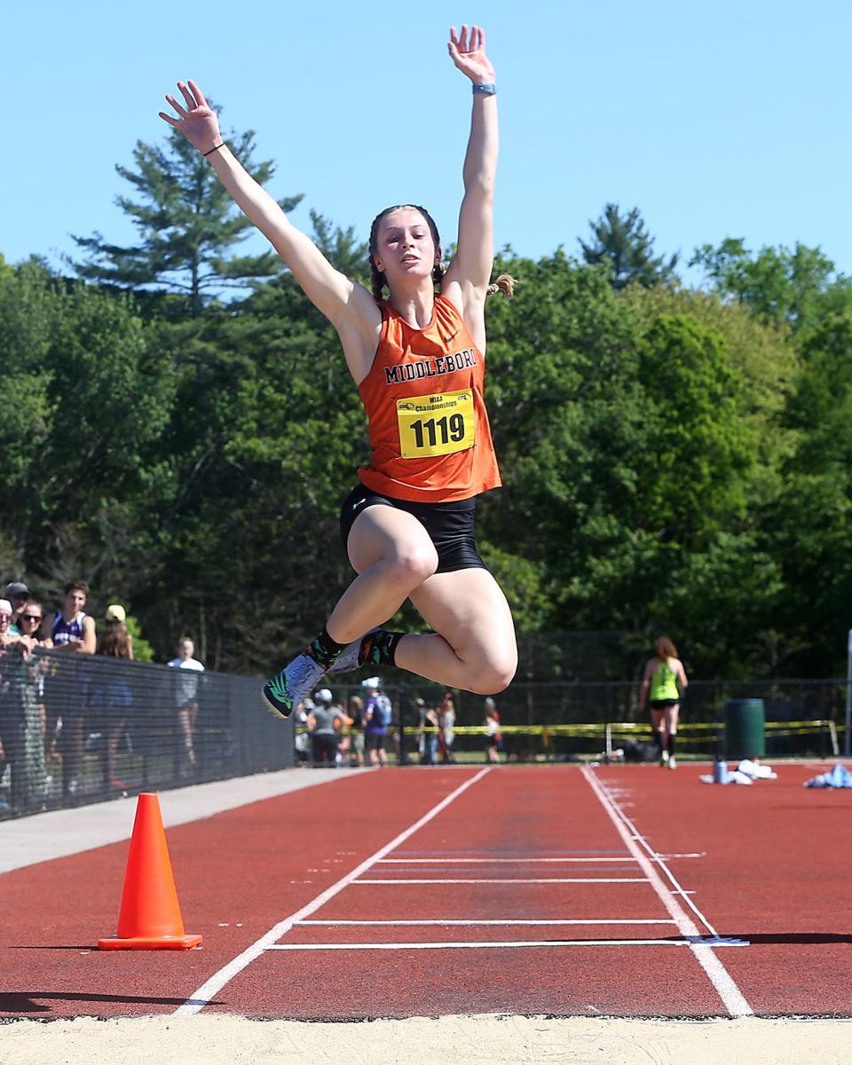 Middleboro’s Isabel Wheeler leaps out 17’5” in the long jump during the Division 5 state tournament at the Norwell Clipper Community Complex on Saturday, May 27, 2023.