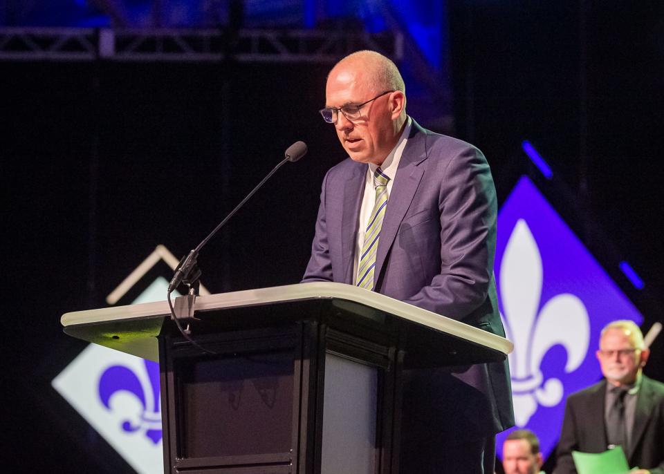 SBC President Bart Barber speaking at the Southern Baptist Convention at the New Orleans Ernest N Morial Convention Center. Tuesday, June 13, 2023.