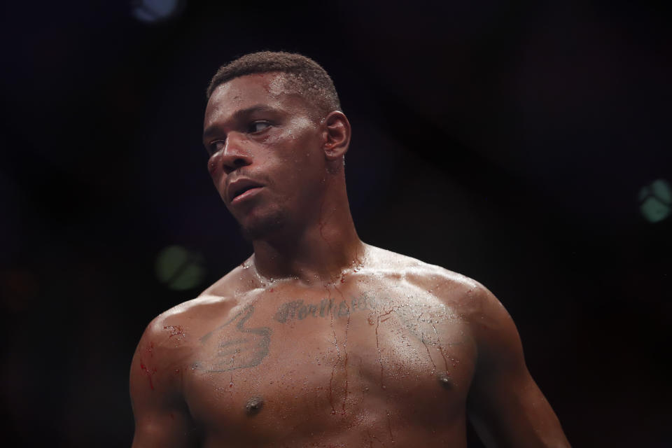 United States' Jamahal Hill stands during a light heavyweight title bout against Brazil's Glover Teixeira at the UFC 283 mixed martial arts event in Rio de Janeiro early Sunday, Jan. 22, 2023. (AP Photo/Bruna Prado)