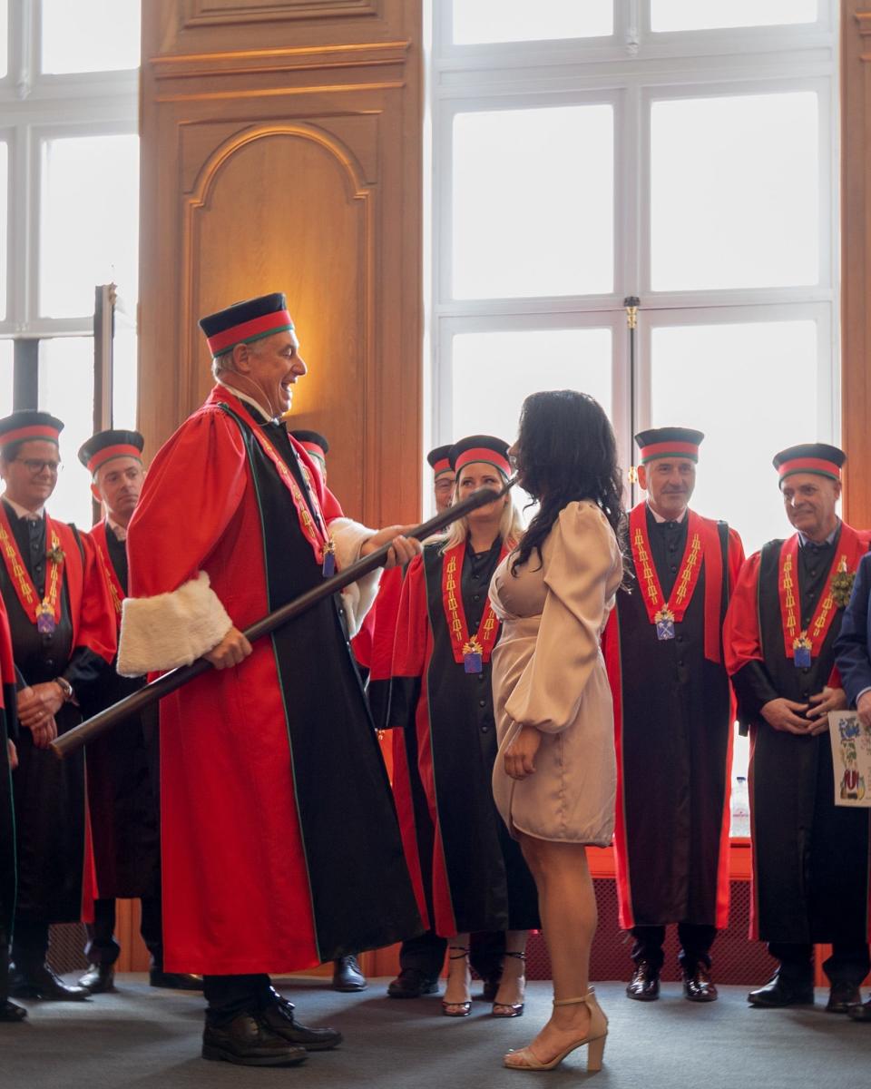 Ileana Rivera participates in a knighting ceremony in Belgium on Sept. 2, 2023. Rivera, COO of the Lowlands Group, was honored by the Belgian Brewers Guild as a Knight of the Brewers' Paddle.