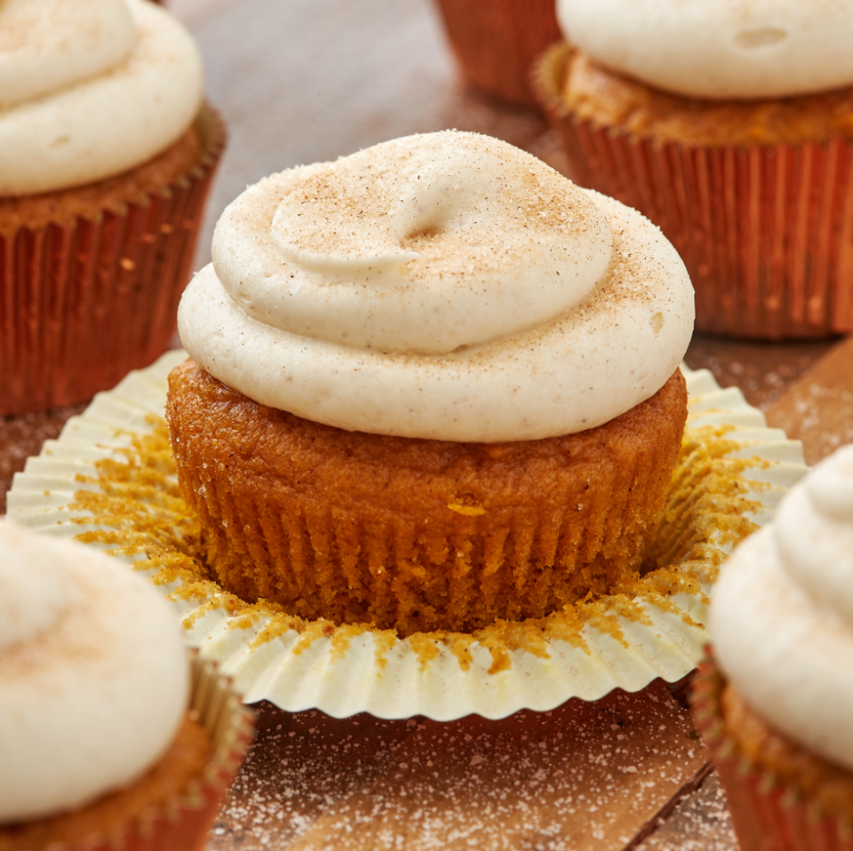 <p>These are better than pumpkin spice lattes, we promise! </p><p><strong><a href="https://www.delish.com/cooking/recipe-ideas/a28438880/easy-pumpkin-spice-cupcakes-recipe/" rel="nofollow noopener" target="_blank" data-ylk="slk:Get the recipe at Delish.;elm:context_link;itc:0;sec:content-canvas" class="link ">Get the recipe at Delish.</a></strong></p>