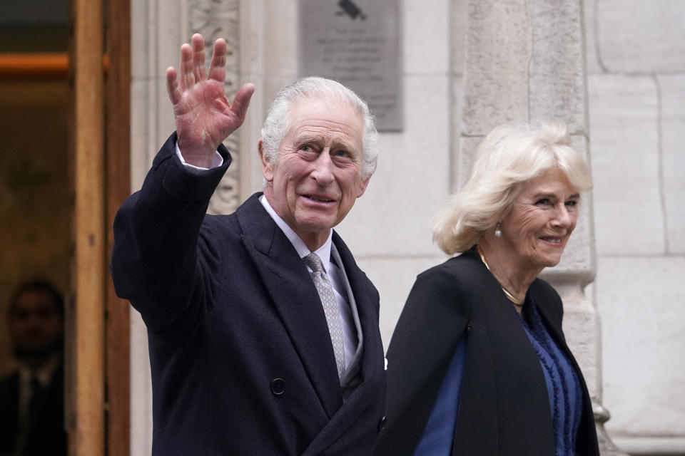 FILE - Britain's King Charles III and Queen Camilla leave The London Clinic in central London, Monday, Jan. 29, 2024. King Charles III was in hospital to receive treatment for an enlarged prostate. King Charles III has been diagnosed with a form of cancer and has begun treatment, Buckingham Palace says on Monday, Feb. 5, 2024. (AP Photo/Alberto Pezzali), File)