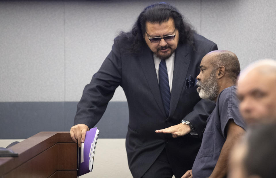 Defense attorney Charles Cano, left, talks with Duane "Keffe D" Davis during an appearance in Clark County District Court Tuesday, Nov. 7, 2023, in Las Vegas. Davis was arrested in September and has pleaded not guilty to murder in the 1996 killing of rapper Tupac Shakur. (Steve Marcus/Las Vegas Sun via AP, Pool)