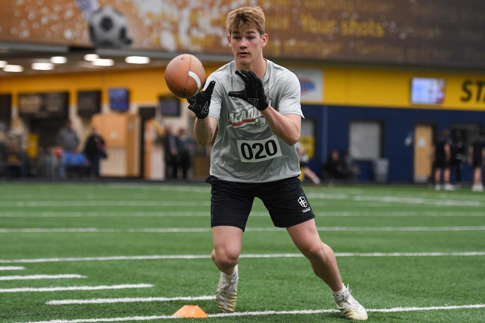 T.F. Riggs High School freshman Cooper Terwilliger performs drills during the 2024 Sanford Sports Football Academy Combine on Friday, April 26, 2024, at Sanford Fieldhouse in Sioux Falls.