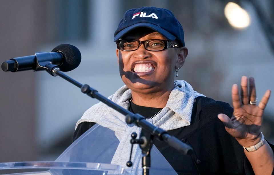 Donna Brown-Martin, director of transportation for Milwaukee County, speaks about her excitement before the first Milwaukee County Transit System electric bus is introduced Thursday in downtown Milwaukee.