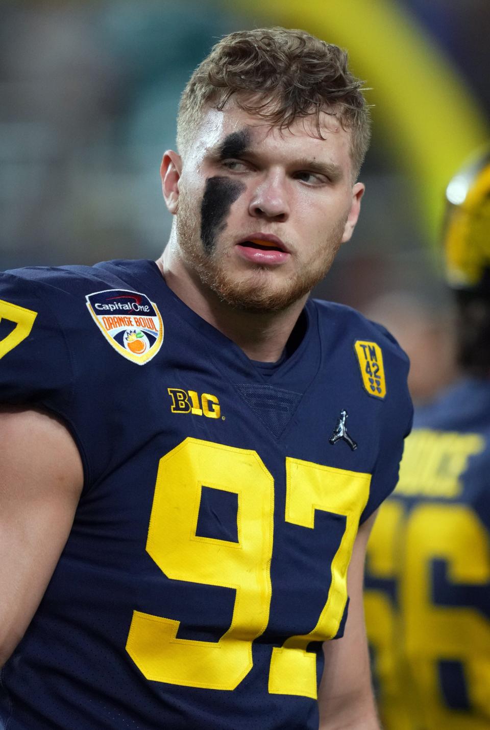 Michigan&#39;s Aidan Hutchinson prior to the Orange Bowl loss against Georgia at Hard Rock Stadium, Dec. 31, 2021 in Miami Gardens, Fla.