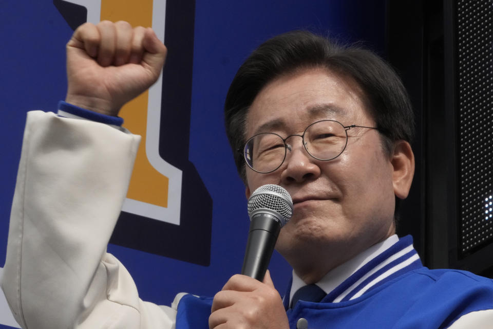 South Korea's main opposition Democratic Party leader Lee Jae-myung speak during a campaign rally for the upcoming parliamentary election on April 10, in Seoul, South Korea, Monday, April 8, 2024. As South Koreans head to the polls to elect a new 300-member parliament on this week, many are choosing their livelihoods and other domestic concerns as the most important election issues. It's in a stark contrast from past elections that were overshadowed by security and foreign policy issues like North Korean nuclear threats and U.S. security commitment for South Korea.(AP Photo/Ahn Young-joon)