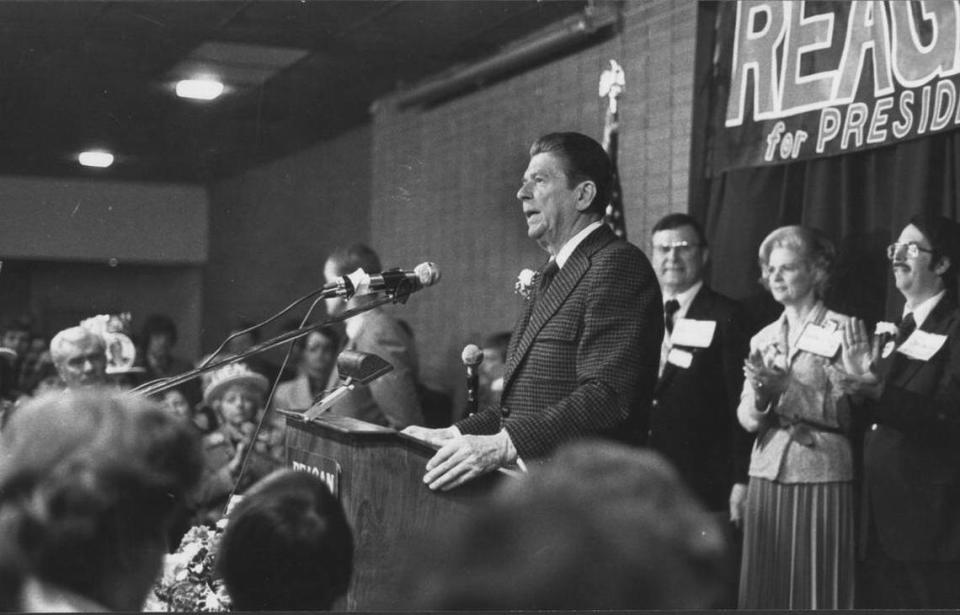 Ronald Reagan campaigns for president at Fischers Restaurant in Belleville. DeMestri photographed six presidents during his 66-year career.
