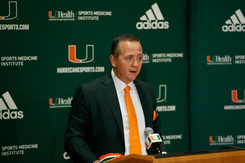 CORAL GABLES, FL - JANUARY 02:  Athletic Director Blake James of the Miami Hurricanes addresses the media during the introductory press conference for head coach Manny Diaz in the Mann Auditorium at the Schwartz Center on January 2, 2019 in Coral Gables, Florida.  (Photo by Michael Reaves/Getty Images)